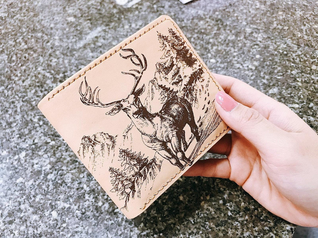 Personalized Leather Wallet, Handmade Deer Design, Gift for Men