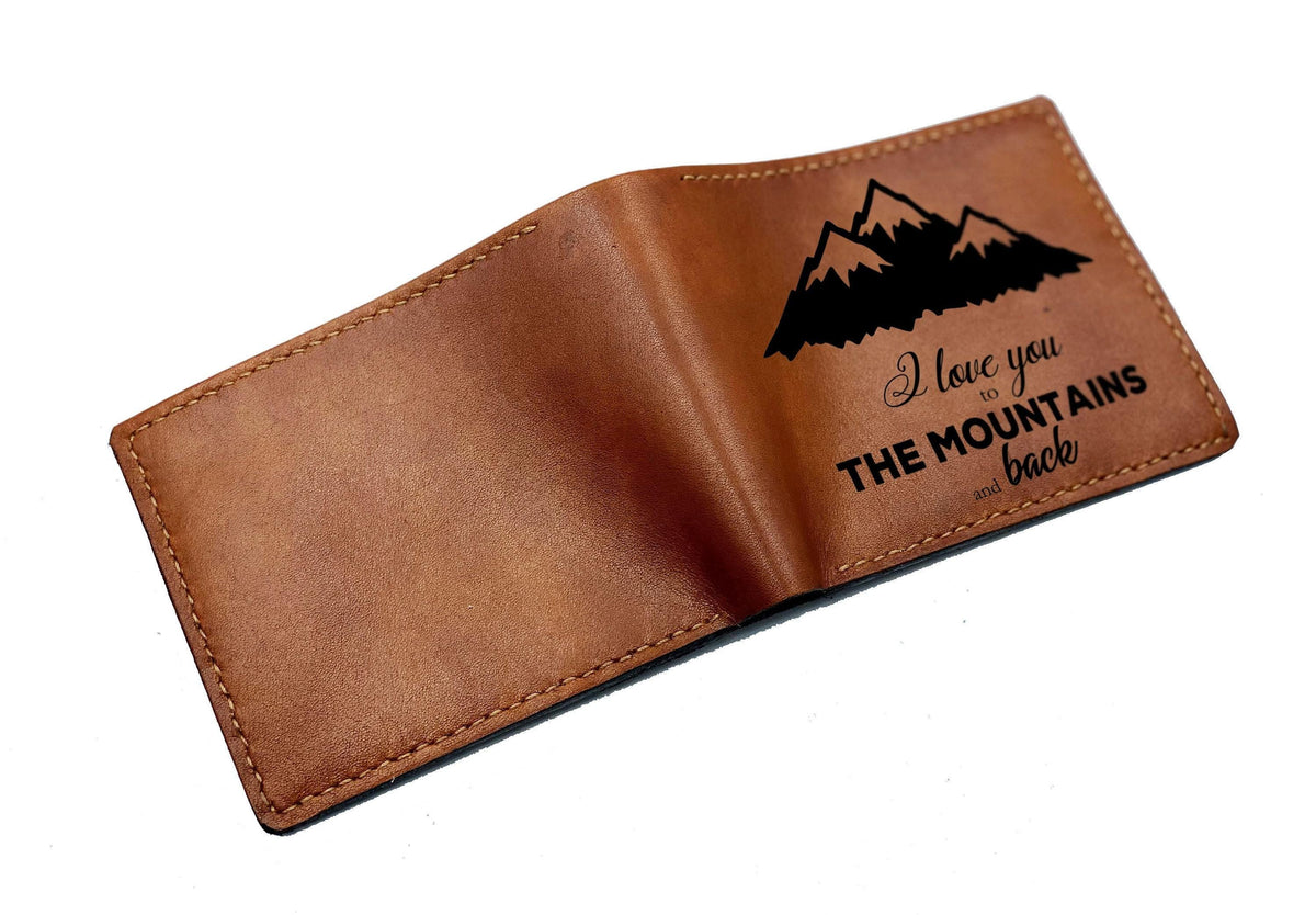 Personalized Leather Wallet, Engraved Mountain Design, Anniversary Gift