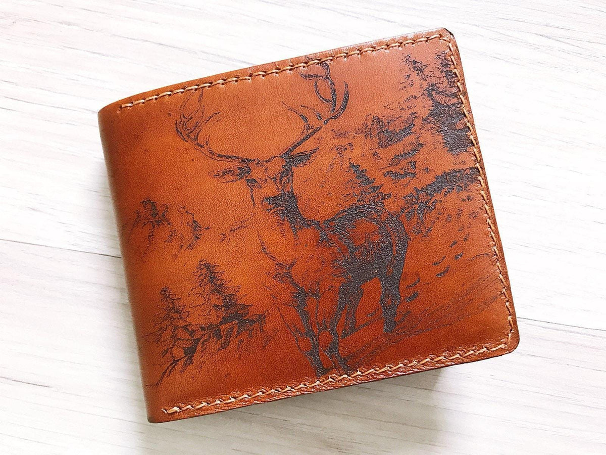 Personalized Leather Wallet, Handmade Deer Design, Gift for Men