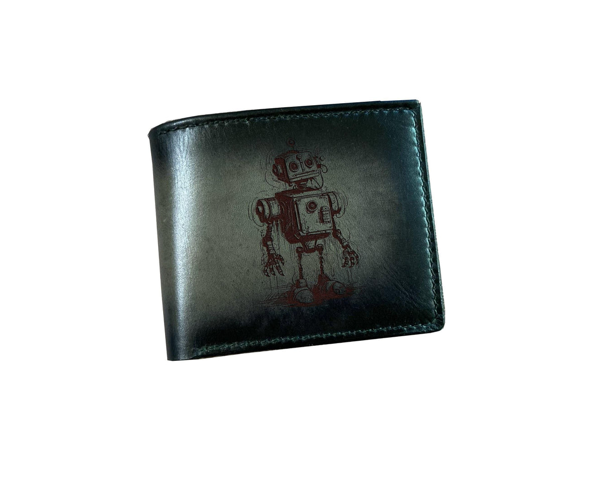 Robot Art Leather Wallet: Custom Engraved Android Gift