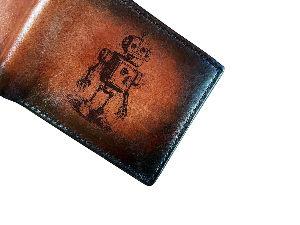 Robot Art Leather Wallet: Custom Engraved Android Gift