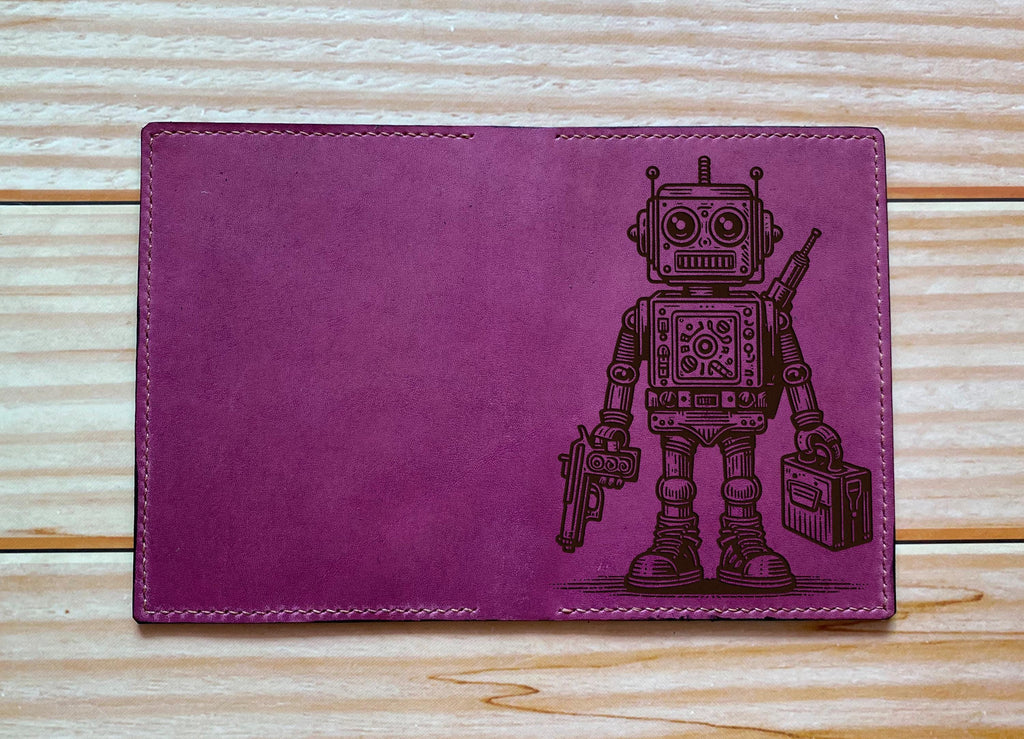 Engraved Robot Leather Bifold Wallet: Android Travel Case