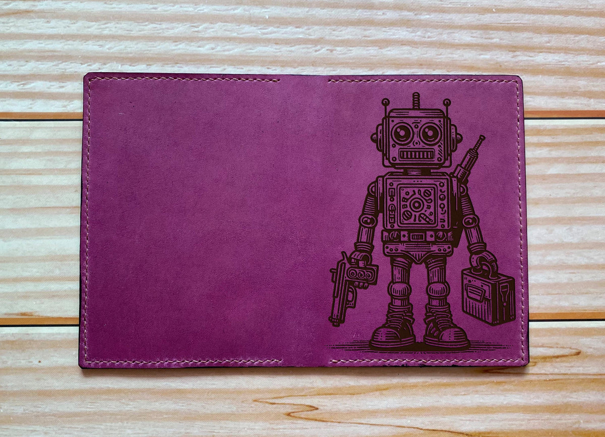 Engraved Robot Leather Bifold Wallet: Android Travel Case