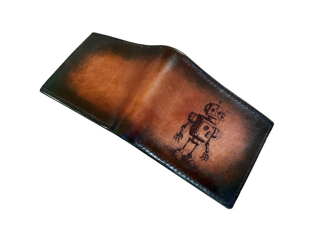 Robot Art Leather Wallet: Custom Engraved Android Gift
