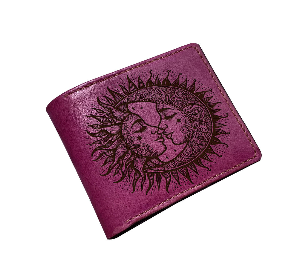 Handmade Leather Wallet, Moon and Sun Engraved Design, Anniversary Gift