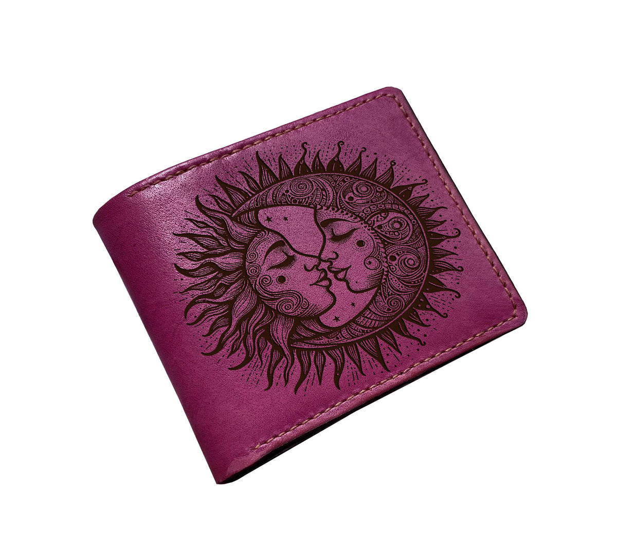 Handmade Leather Wallet, Moon and Sun Engraved Design, Anniversary Gift