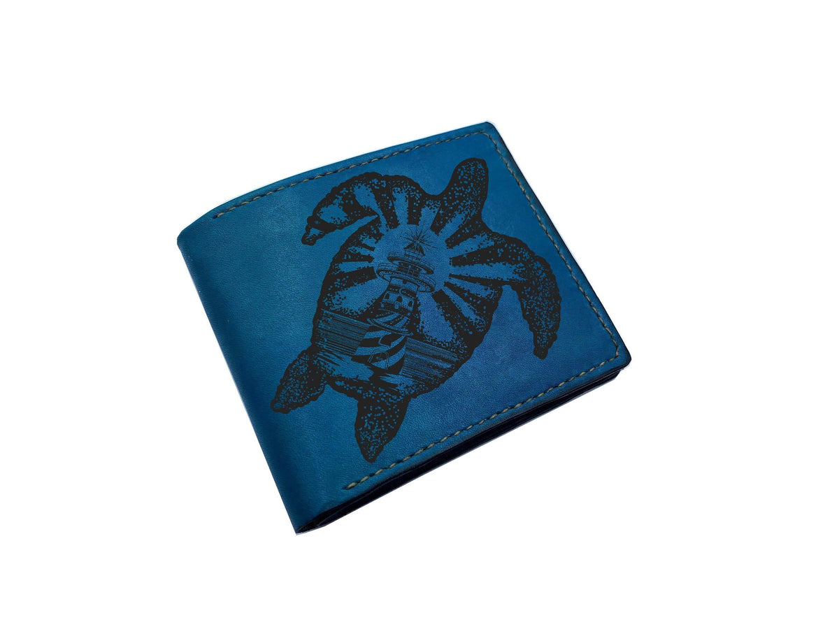 Custom Leather Men's Wallet, Turtle Tattoo Art, Personalized Gift
