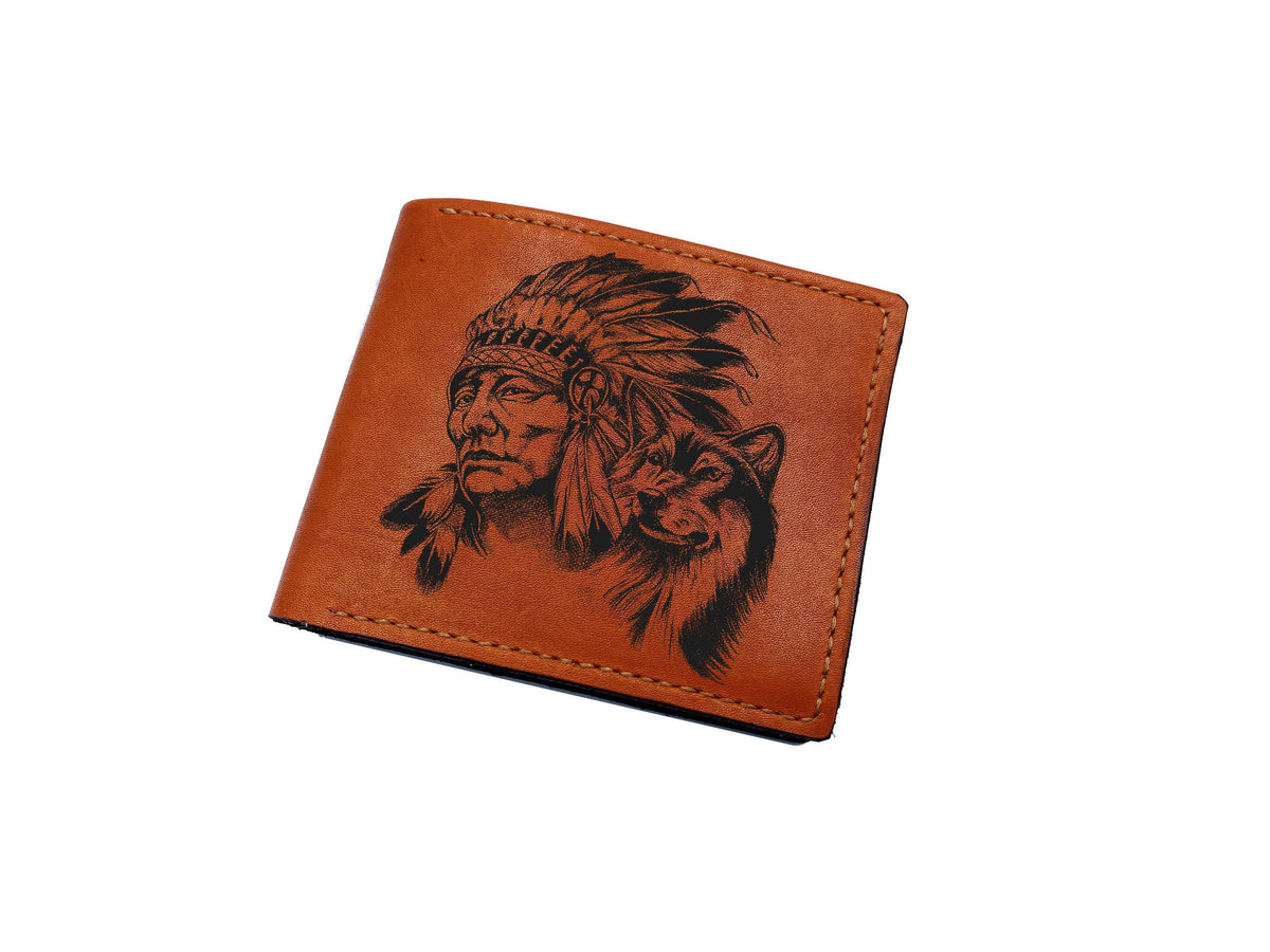 American Indian Chief Leather Wallet: Personalized Native Art Gift