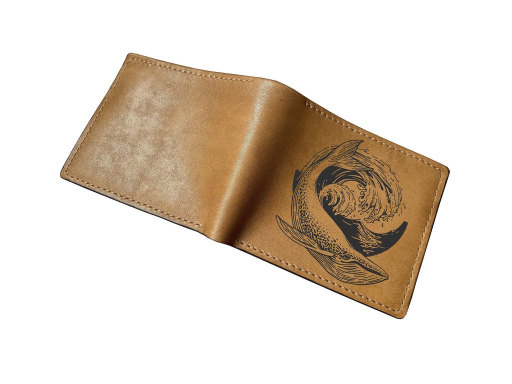 Personalized Leather Wallet, Polygon Whale Art, Handmade