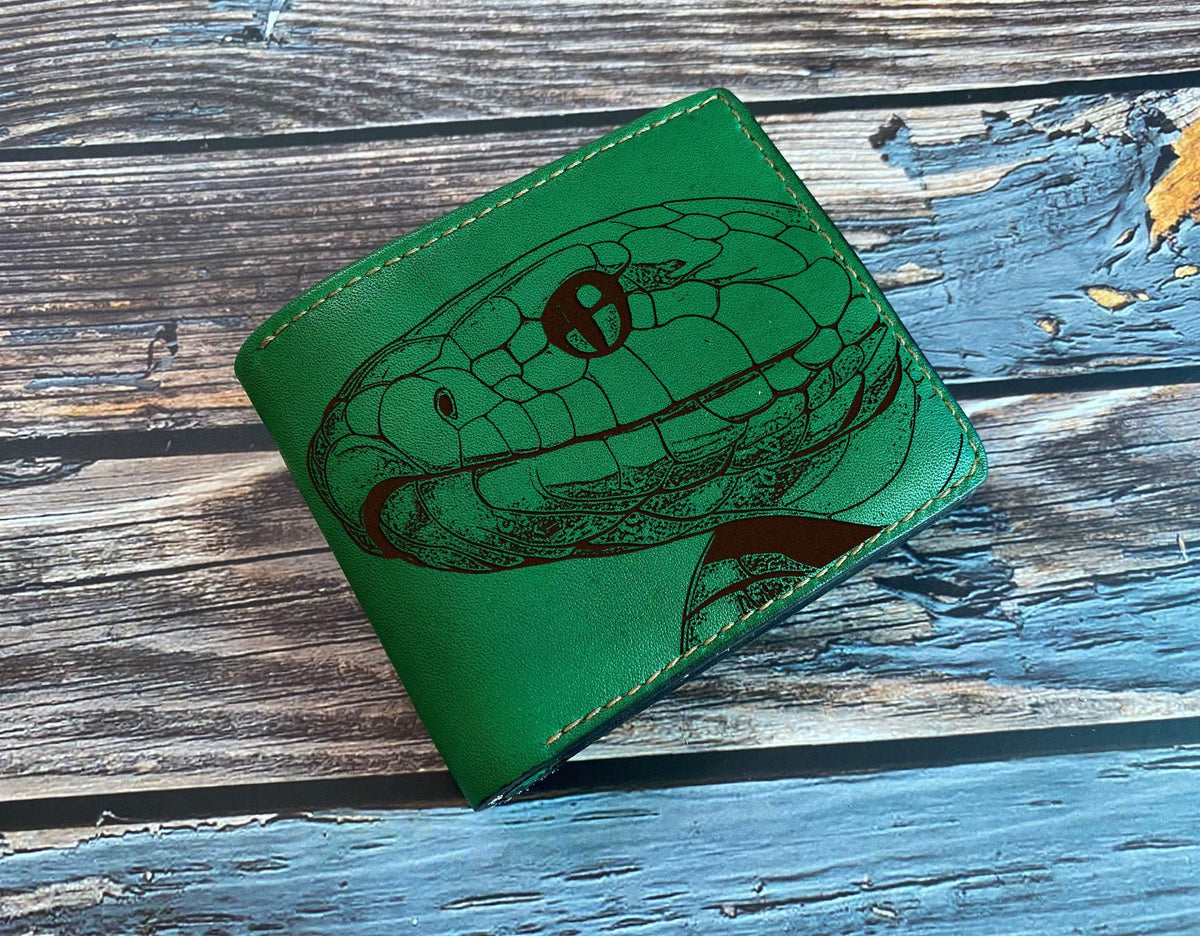 Snake Drawing Leather Bifold Wallet: Custom Engraved Reptile Gift