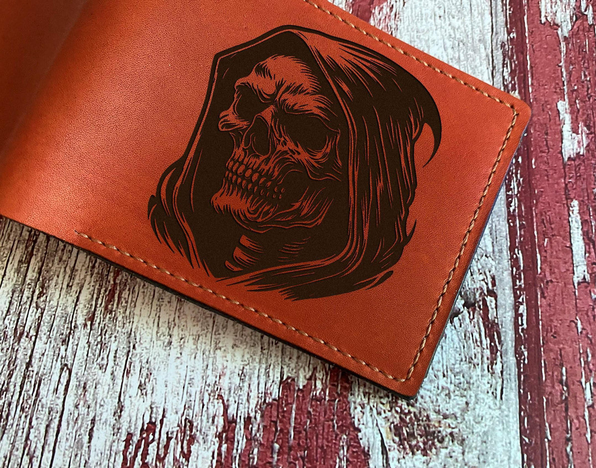 Grim Reaper Engraved Leather Wallet: Skull Horror Gift