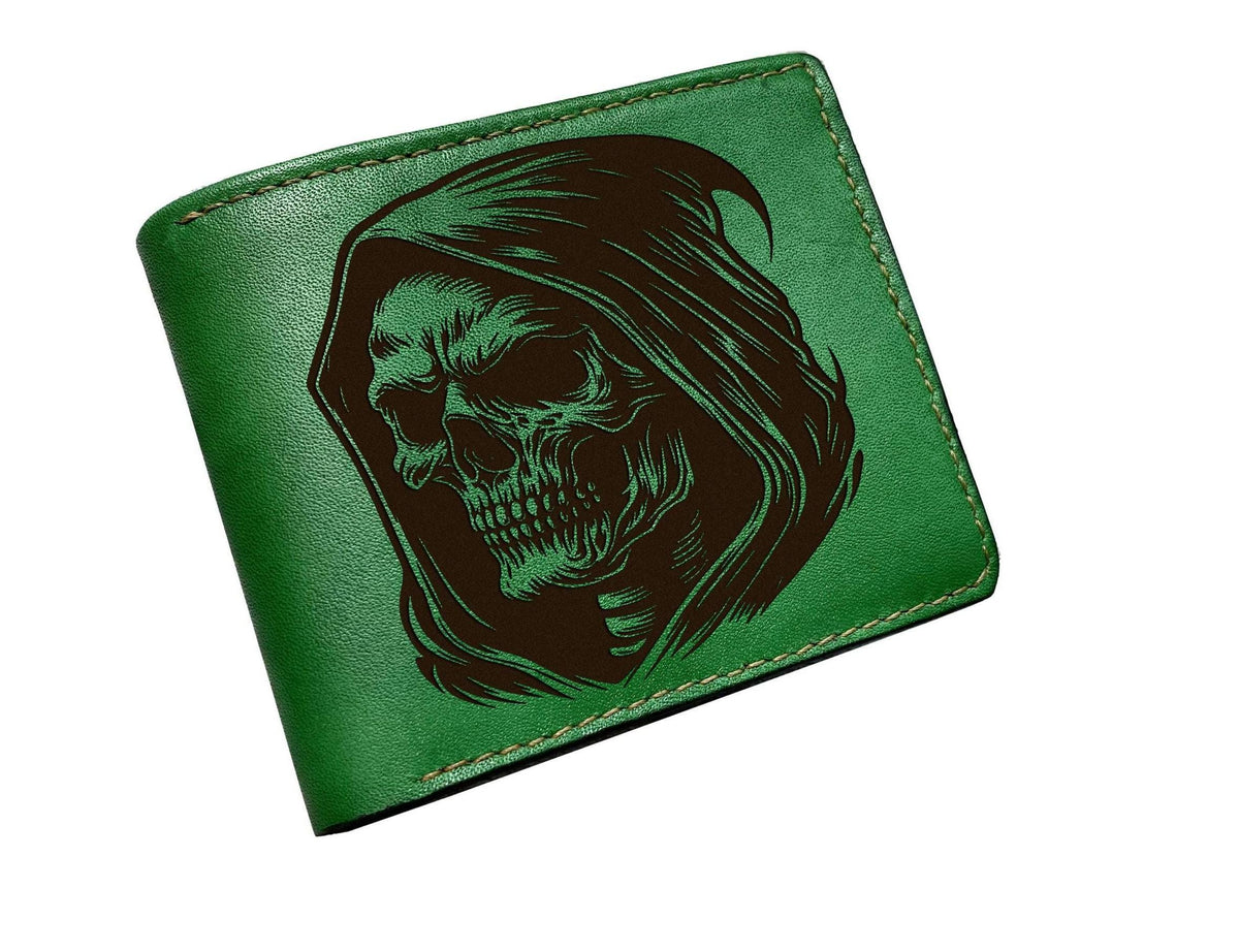 Grim Reaper Engraved Leather Wallet: Skull Horror Gift