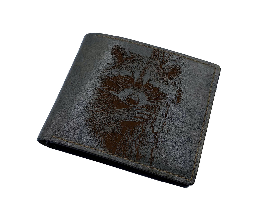 Handmade genuine leather wallet, Racoon drawing wallet, custom animal pattern gift