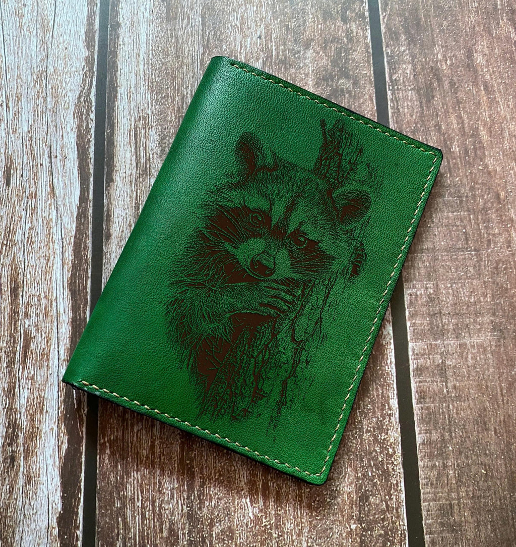 Handmade genuine leather wallet, Racoon drawing wallet, custom animal pattern gift