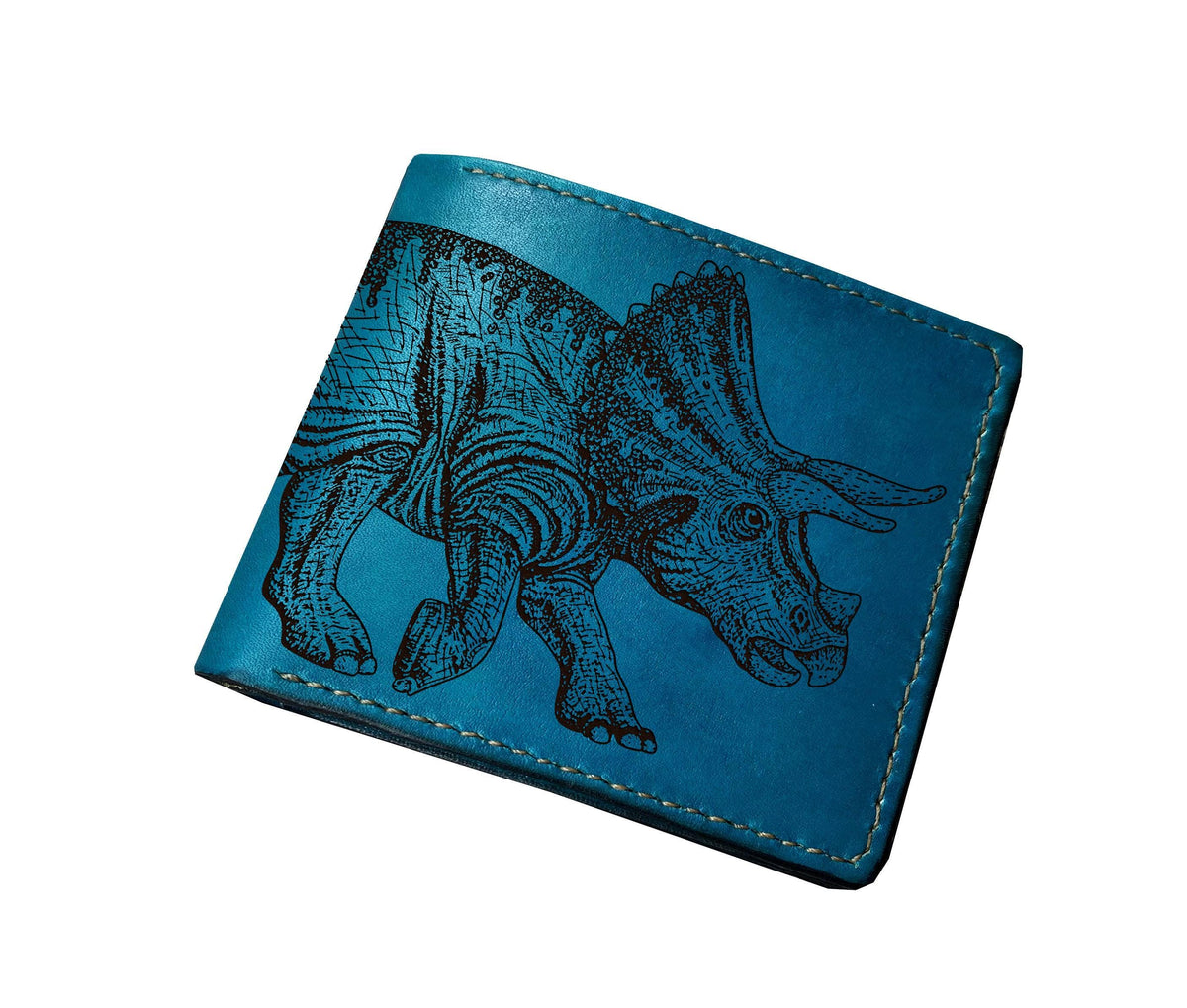 Custom Engraved Leather Wallet, Triceratops Dinosaur Art, Handmade Wallet for Him