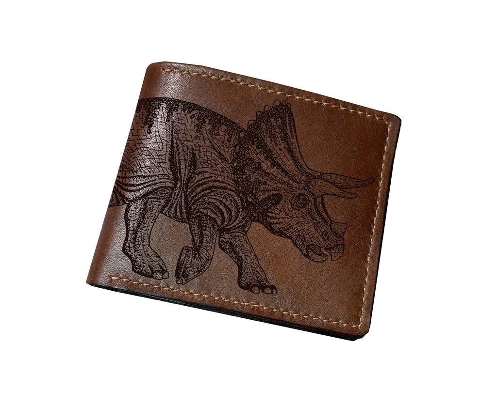 Custom Engraved Leather Wallet, Triceratops Dinosaur Art, Handmade Wallet for Him