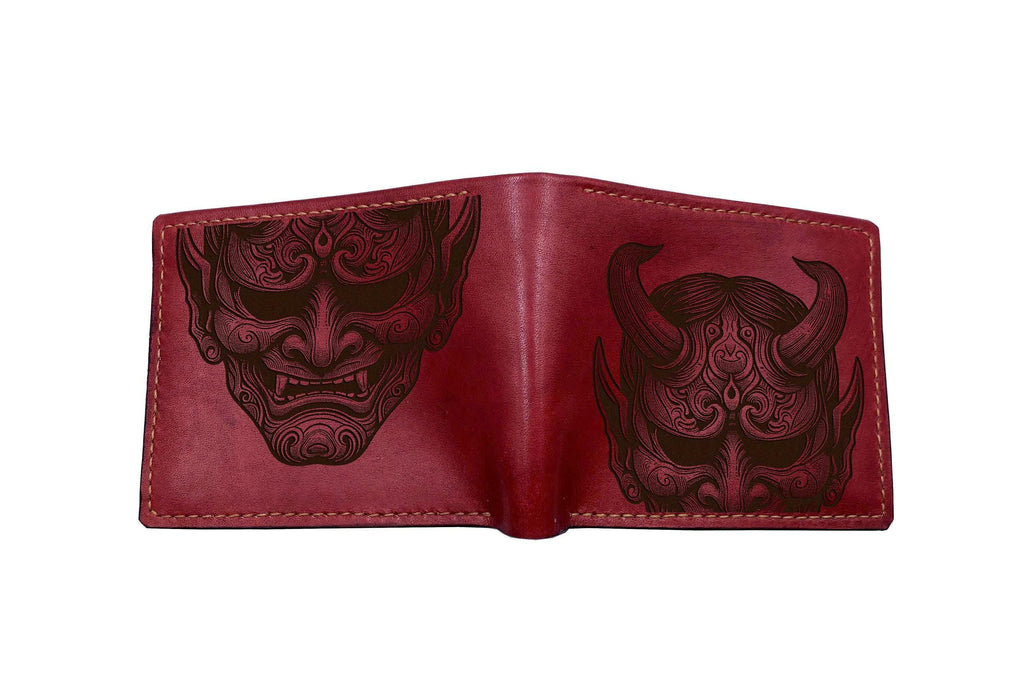 Hannya Mask Leather Wallet: Japanese Evil Style, Custom Engraved
