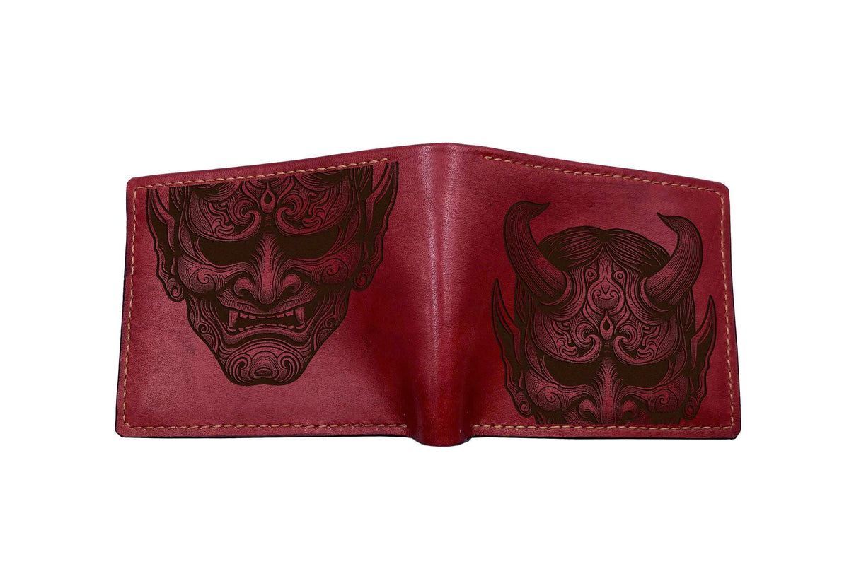 Hannya Mask Leather Wallet: Japanese Evil Style, Custom Engraved
