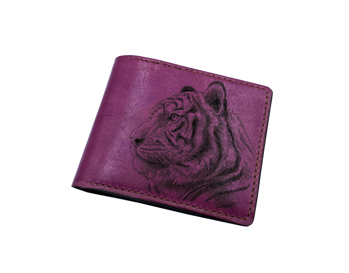 Personalized Leather Wallet, Engraved Tiger Portrait, Gift for Him
