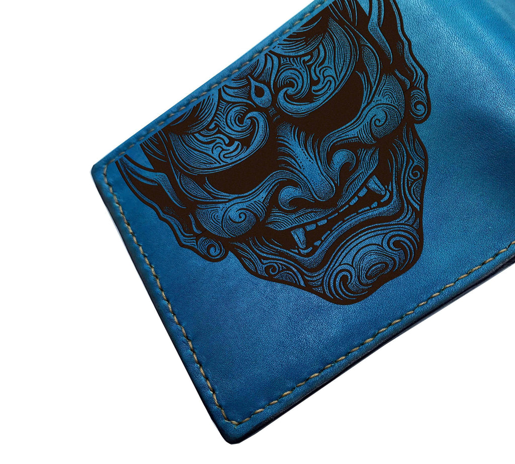 Hannya Mask Leather Wallet: Japanese Evil Style, Custom Engraved