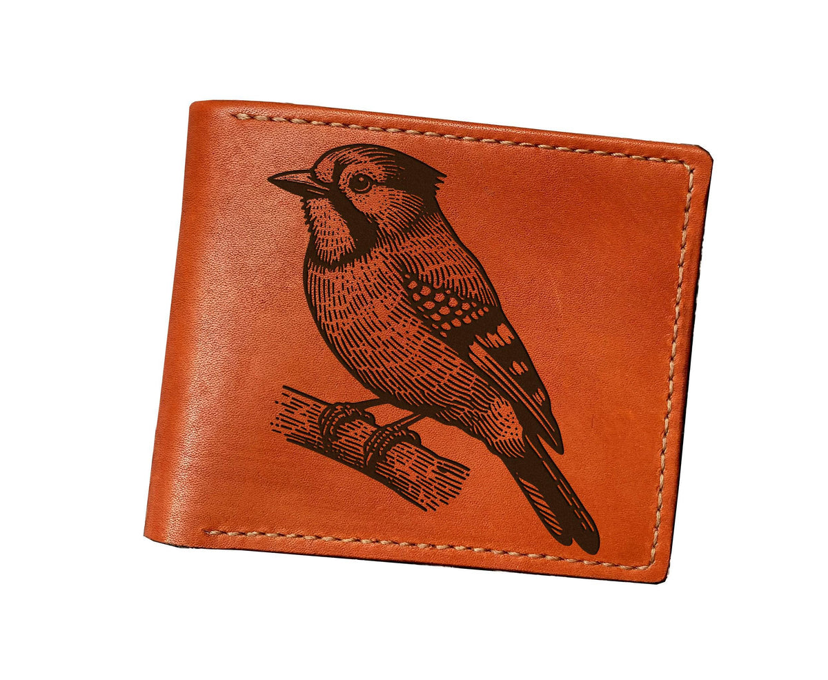 Handmade Leather Bifold Wallet: Engraved Jay Bird Design
