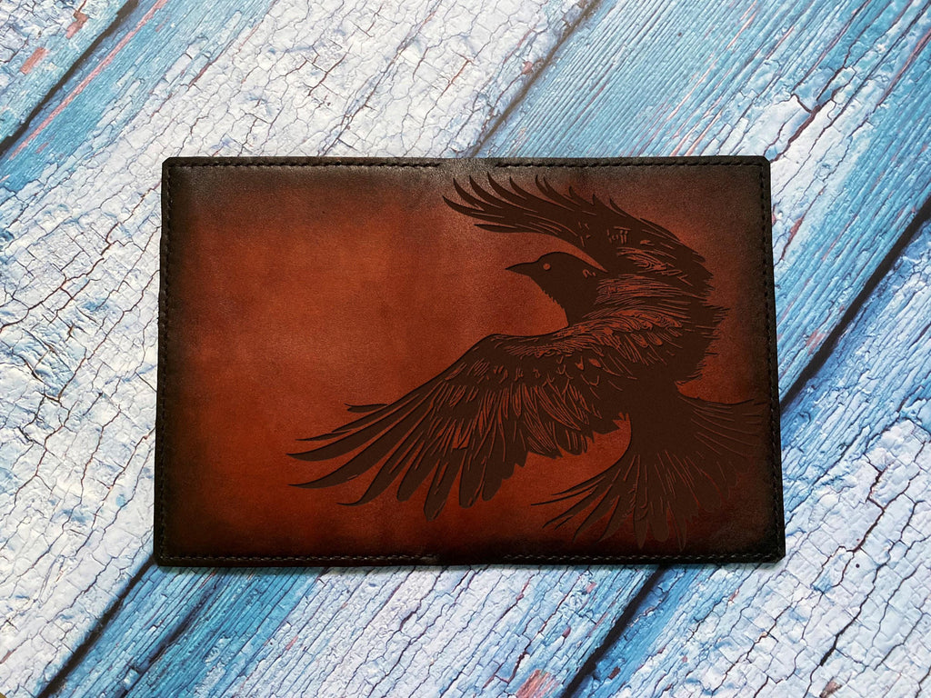 Handmade Leather Bifold Wallet: Raven Bird Engraved Passport Case