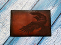 Handmade Leather Bifold Wallet: Raven Bird Engraved Passport Case