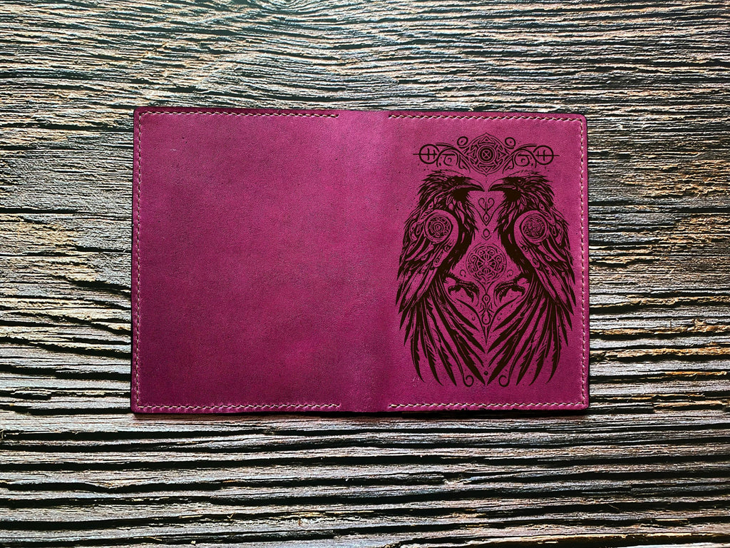 Handmade genuine leather wallet, raven celtic custom engrave wallet, Viking style present