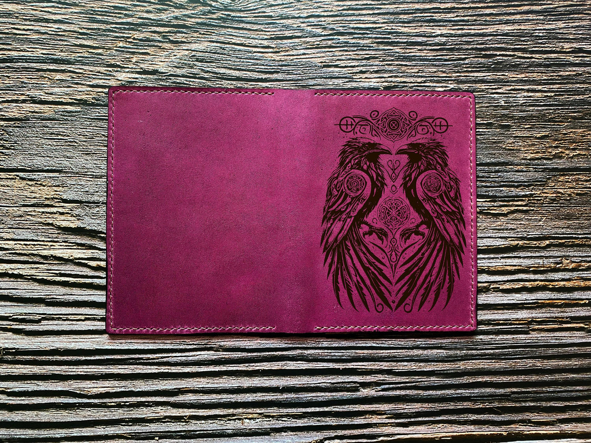 Handmade genuine leather wallet, raven celtic custom engrave wallet, Viking style present