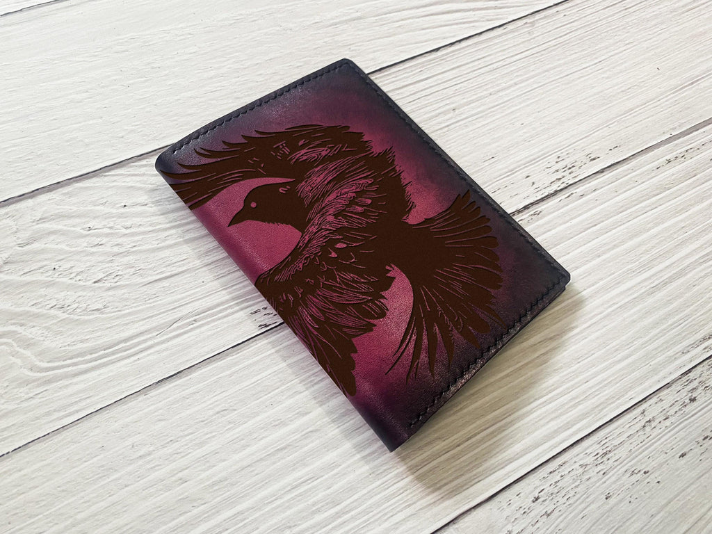 Handmade Leather Bifold Wallet: Raven Bird Engraved Passport Case