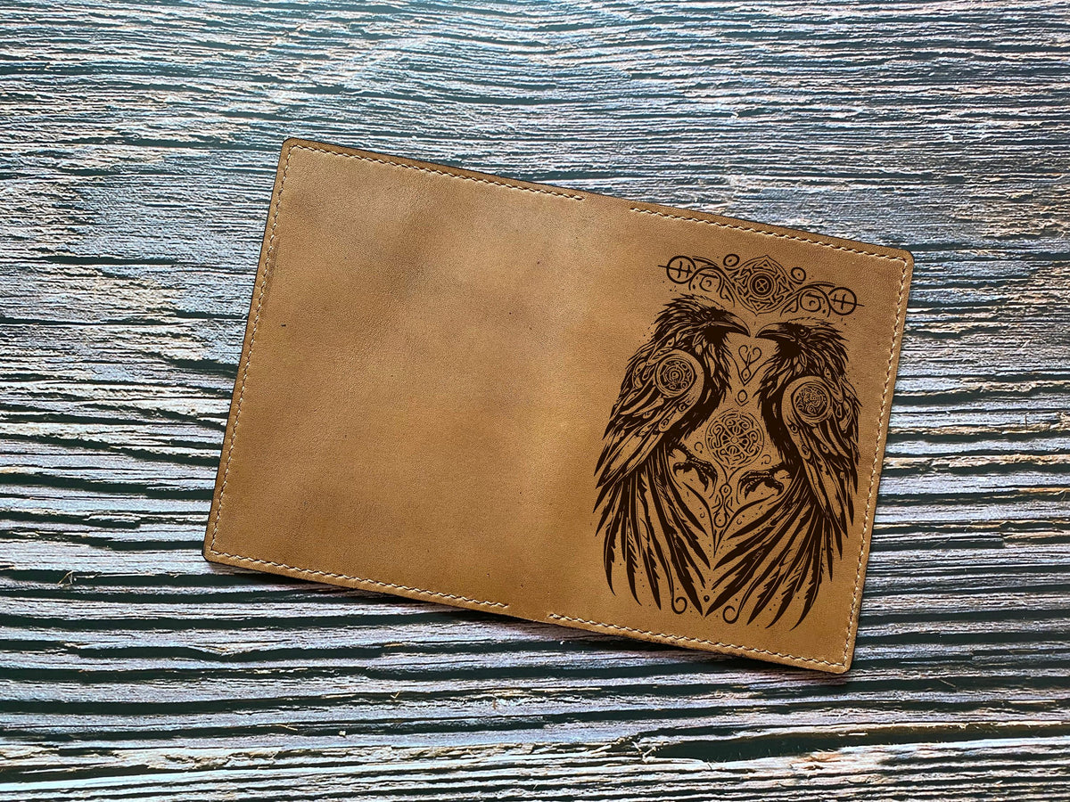 Handmade genuine leather wallet, raven celtic custom engrave wallet, Viking style present