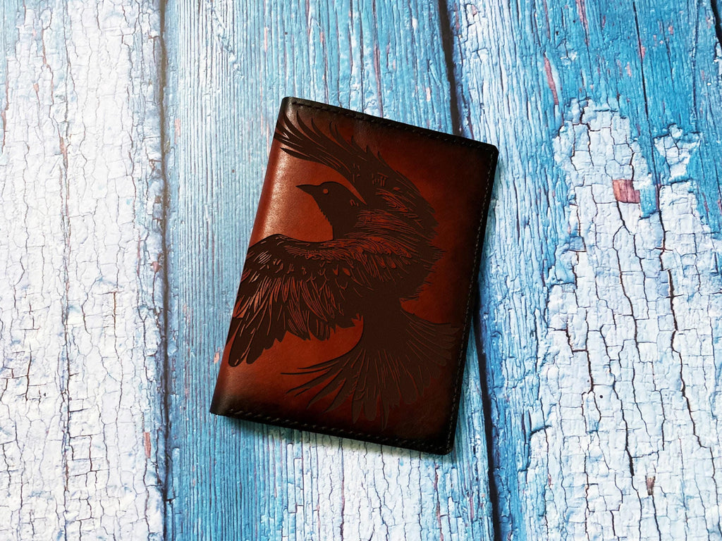 Handmade Leather Bifold Wallet: Raven Bird Engraved Passport Case