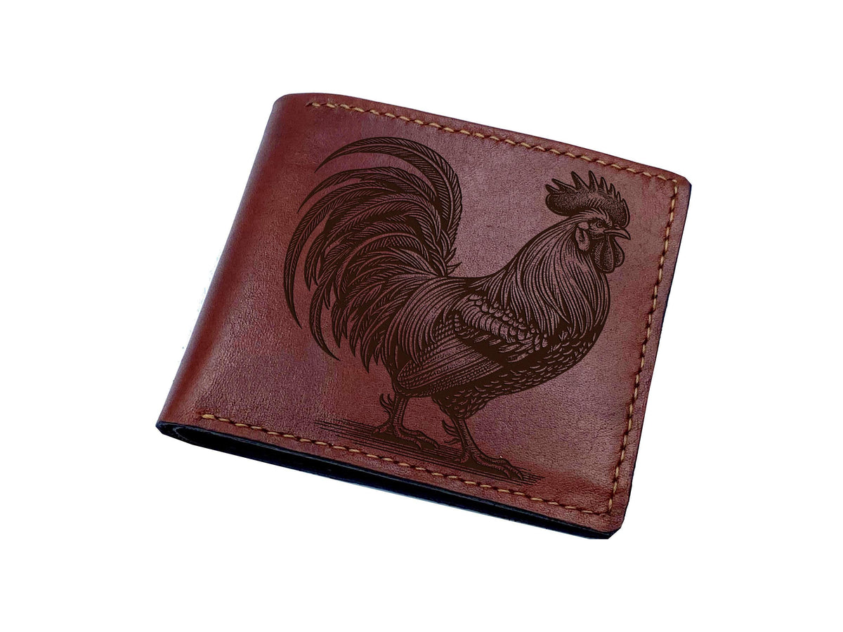 Handcrafted Leather Rooster Wallet: Engraved Farm Animal Gift