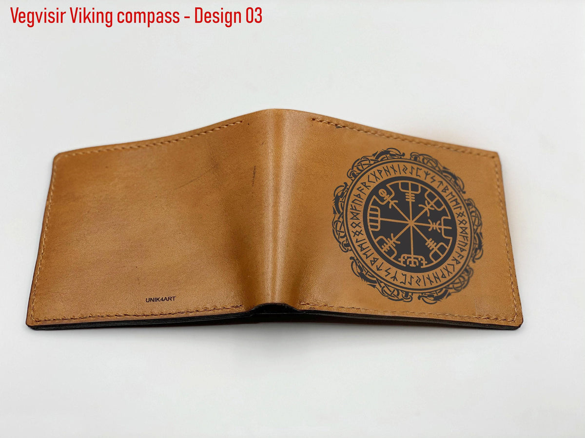 Personalized Leather Wallet: Vegvisir Viking Compass, Norse Runes