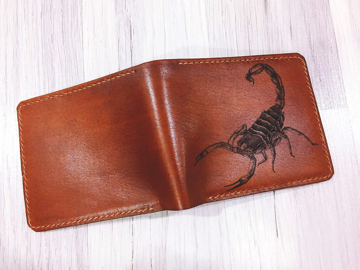 Personalized Leather Scorpion Wallet - Handmade Animal Engraved Bi-Fold