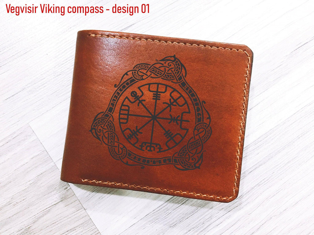 Personalized Leather Wallet: Vegvisir Viking Compass, Norse Runes