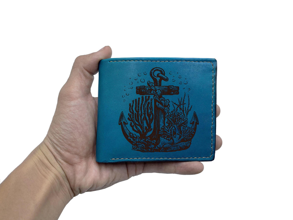 Engraved Anchor Leather Wallet: Personalized Seafarer Gift
