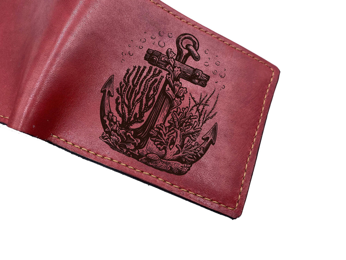 Engraved Anchor Leather Wallet: Personalized Seafarer Gift
