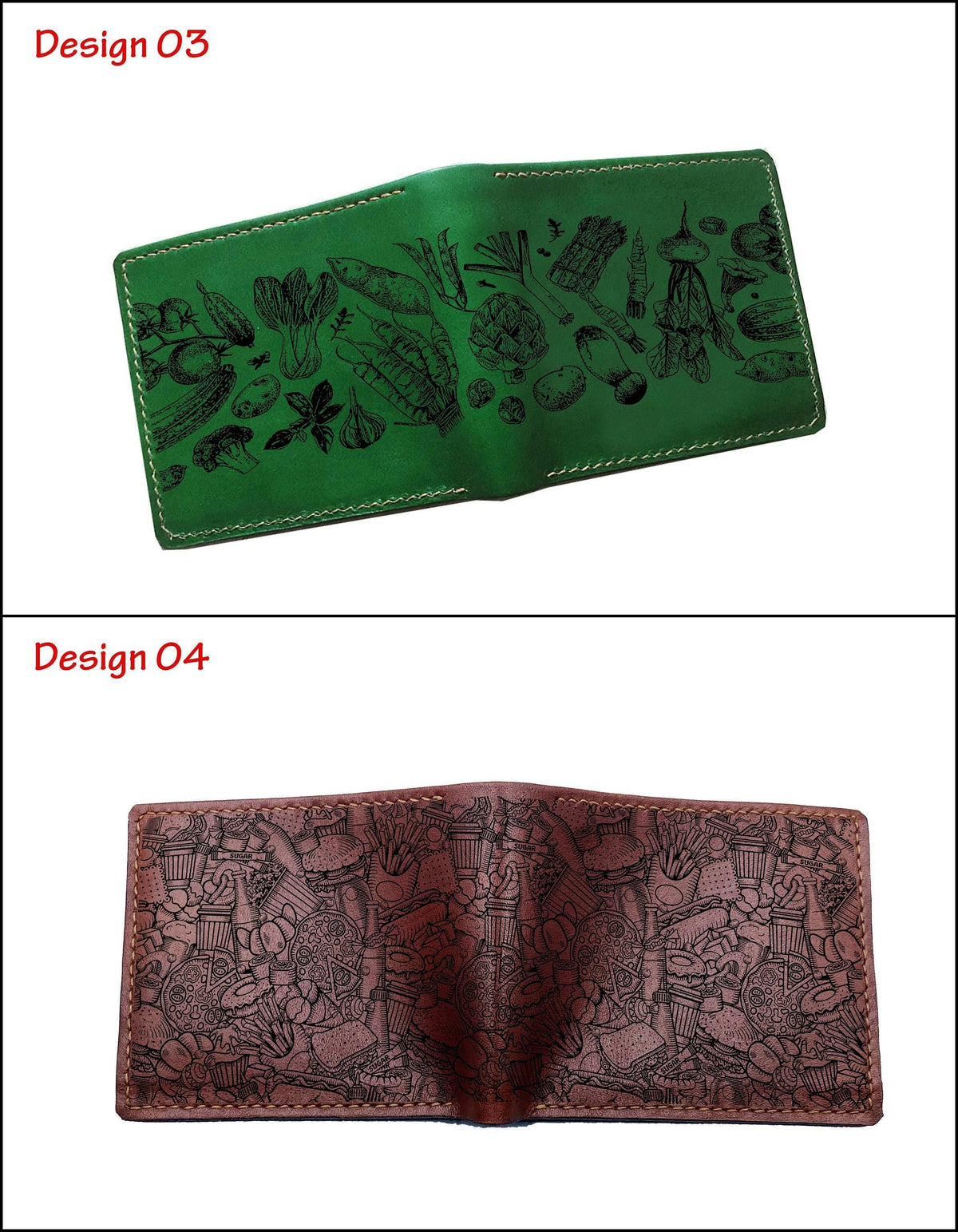 Fast Food Doodle Leather Wallet: Handmade Veg-Tan Gift