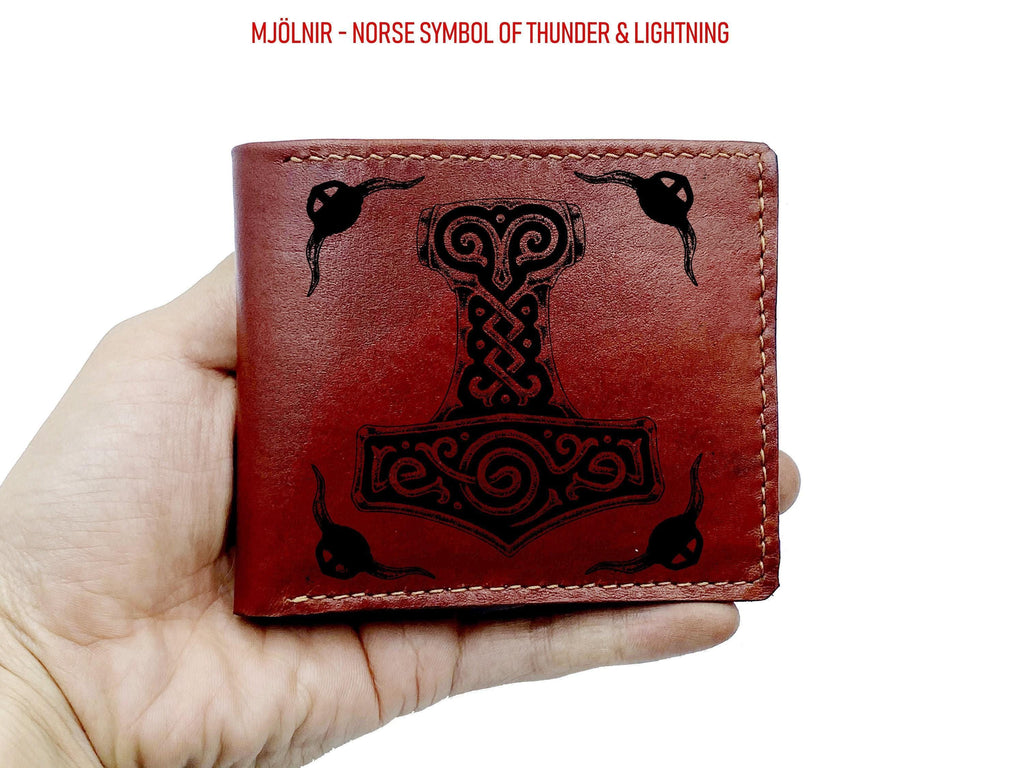 Personalized Leather Bifold Wallet: Viking Celtic Symbols, Handmade