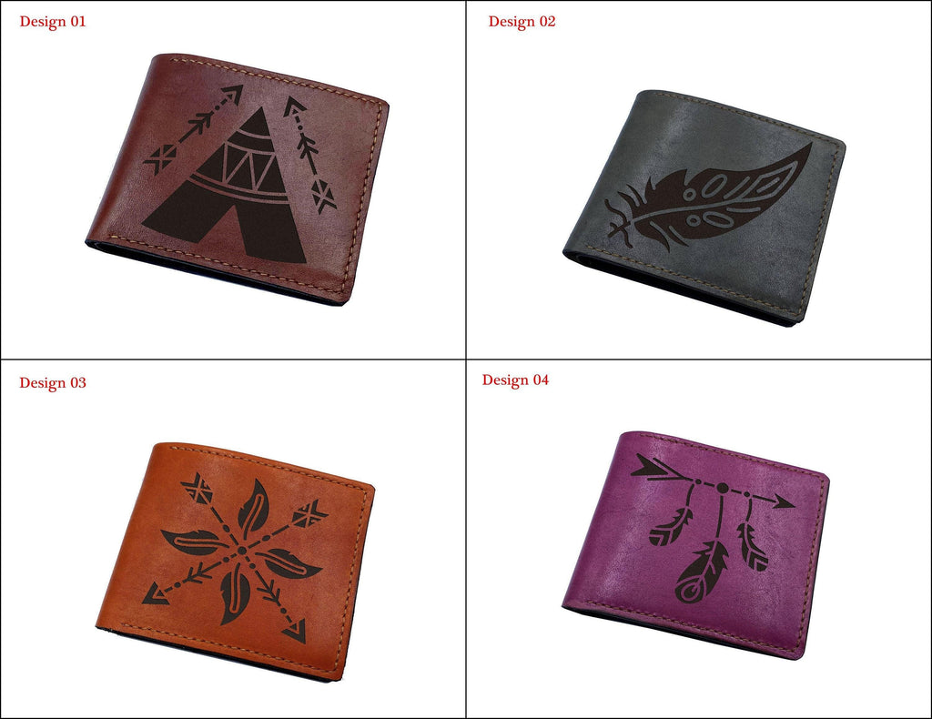 Feather Engraved Leather Wallet, Personalized Gift