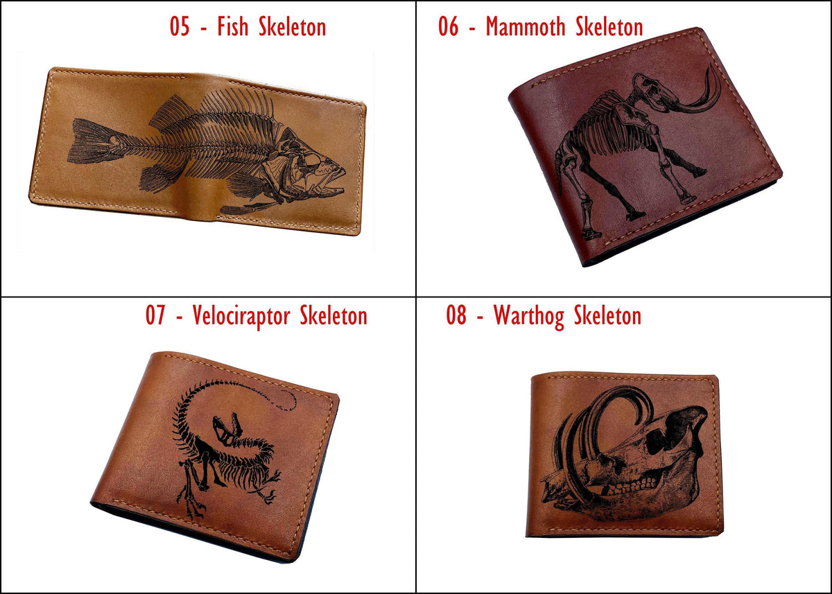 Custom Leather Bifold Wallet: Reindeer Skeleton Engraved