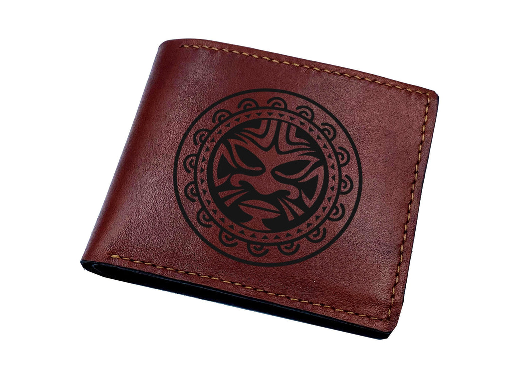Custom Engraved Leather Men's Wallet, Polynesian Mask