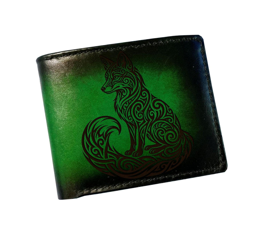 Fox floral full grain leather wallet, tattoo tribal style wallet, personalized gift for men