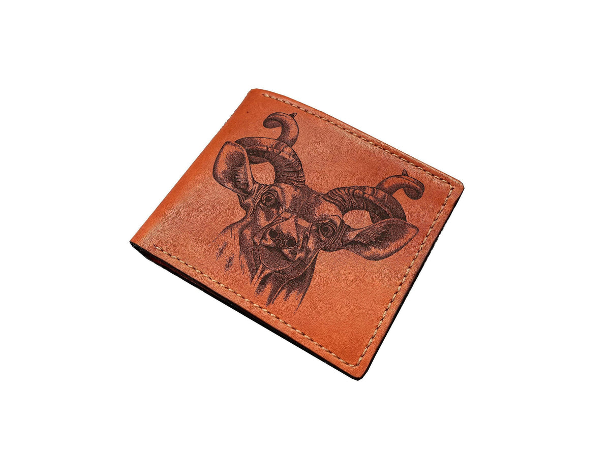 Bighorn Sheep Leather Wallet, Handmade Ram Sketch Wallet