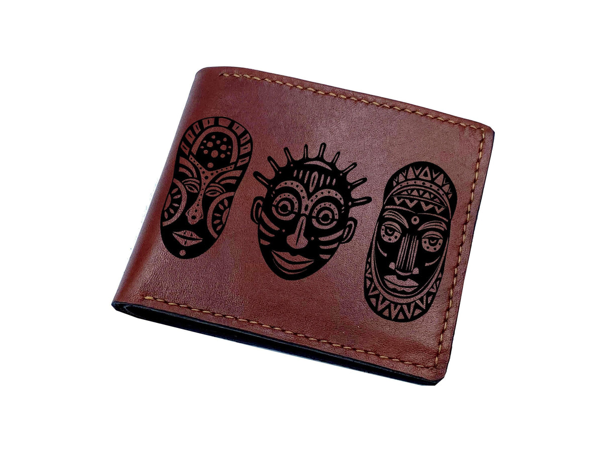 Engraved Leather Wallet, Traditional African Masks, Personalized Gift