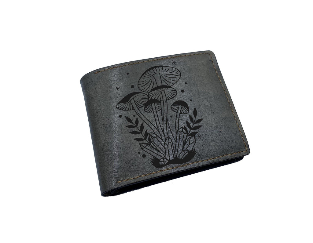 Personalized Leather Wallet, Mushroom Engraving, Vegetable-Tanned Cowhide, Men's Gift