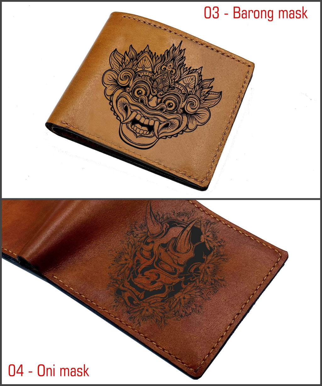 Engraved Leather Wallet, Traditional African Masks, Personalized Gift