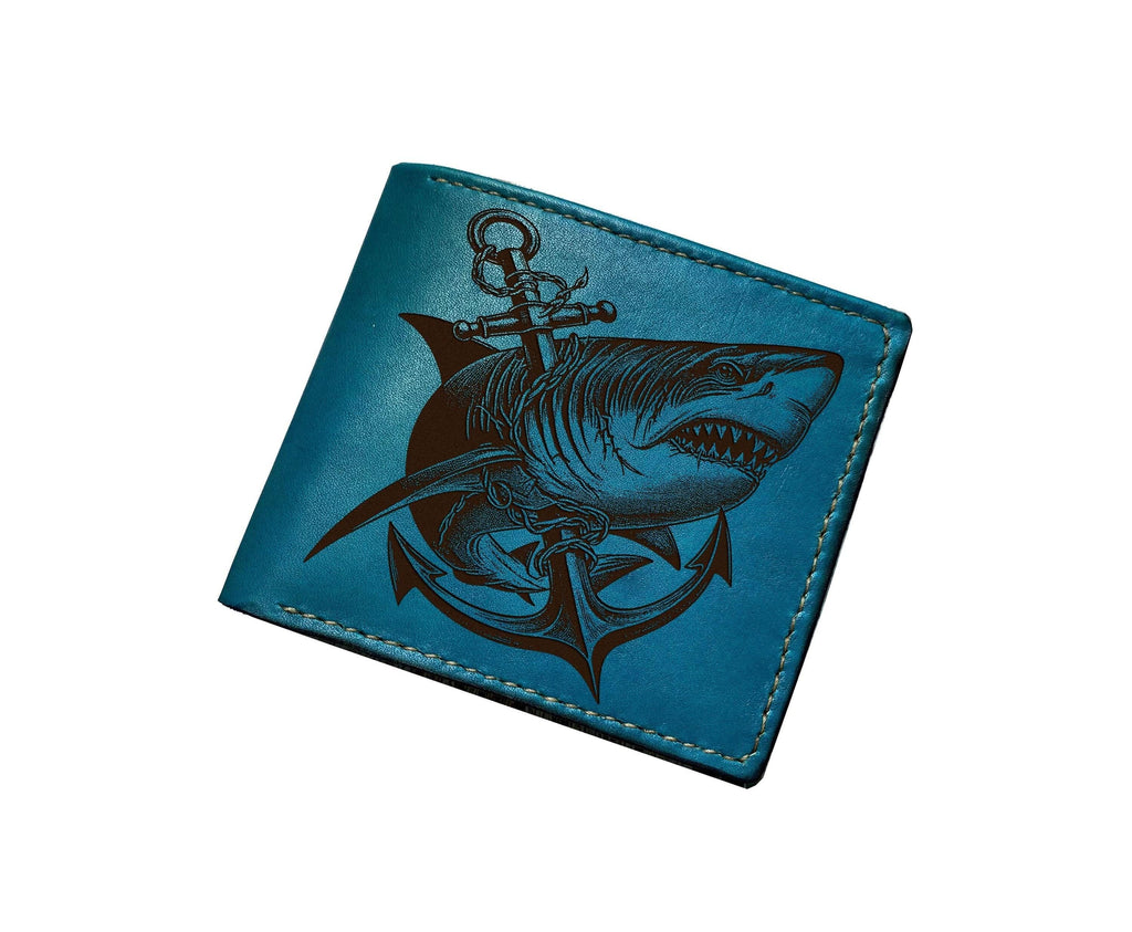 Engraved Shark Anchor Leather Wallet: Personalized Mariner Gift