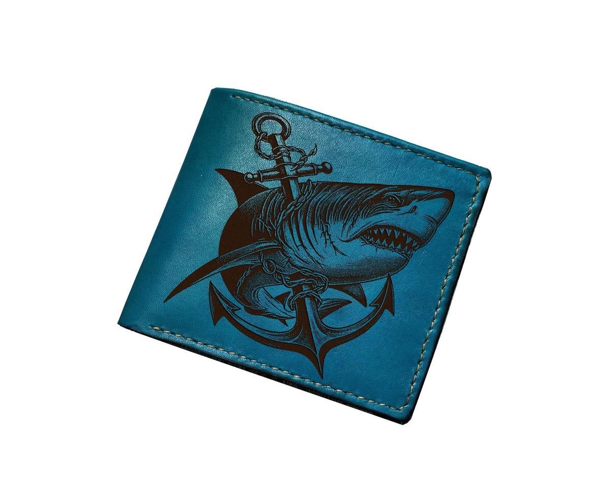 Engraved Shark Anchor Leather Wallet: Personalized Mariner Gift